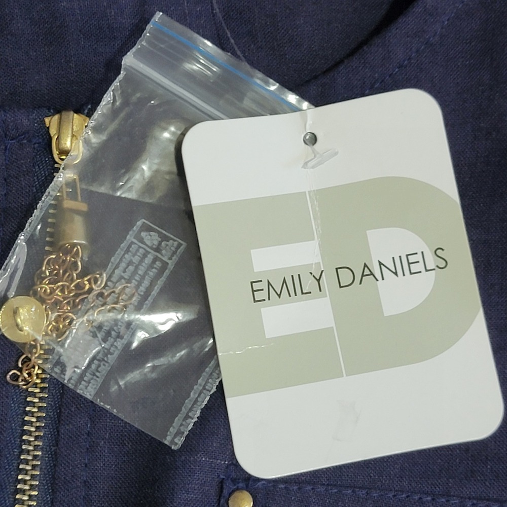 Emily Daniels Navy Blue Linen Blend Roll Tab Sleeve Zip Blouse Womens PS - Picture 9 of 11
